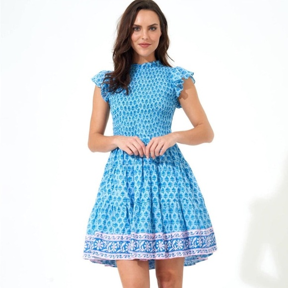 Oliphant SMOCKED FLIRTY DRESS FERN BLUE Ruffle sleeveless - Picture 1 of 6